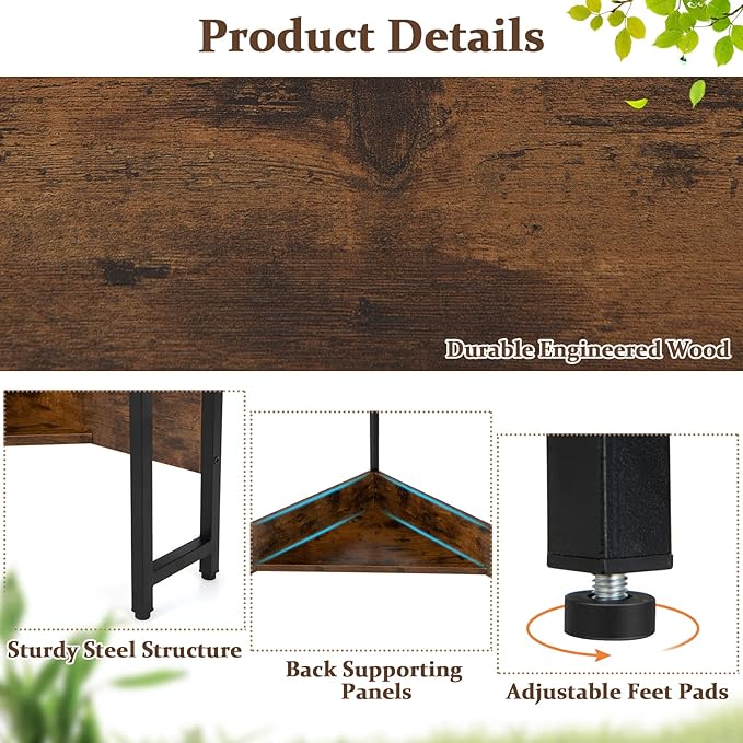 Corner Desk with Charging Station & USB Port, 90-degree Triangle Computer Workstation w/Storage Shelf, Metal Frame, Space-saving Laptop PC Desk for Small Space, Home Office (Rustic Brown) - LeafyLoom