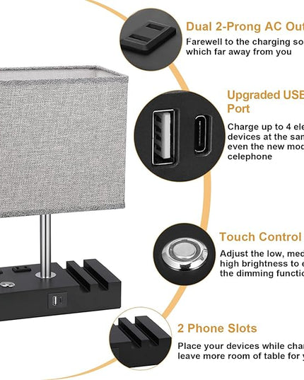 Kakanuo Nightstand Lamp for Bedroom with Dual USB Ports, Grey Touch Control Bedside Table Lamp with Charging Outlets and Phone Stands, 3-Way Dimmable Desk Lamp for Living Room, LED Bulb Included - LeafyLoom