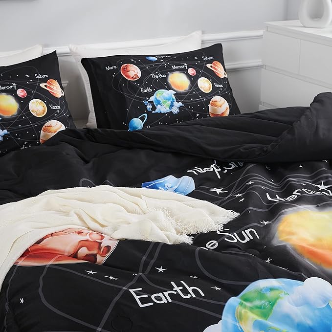 Solar System Comforter Set Queen Universe Planets Theme Bedding Set 3 Pieces 1 Space Comforter and 2 Pillow Shams for Boys Girls Kids Ultra-Soft Microfiber All Seasons for Bedroom Sofa - LeafyLoom