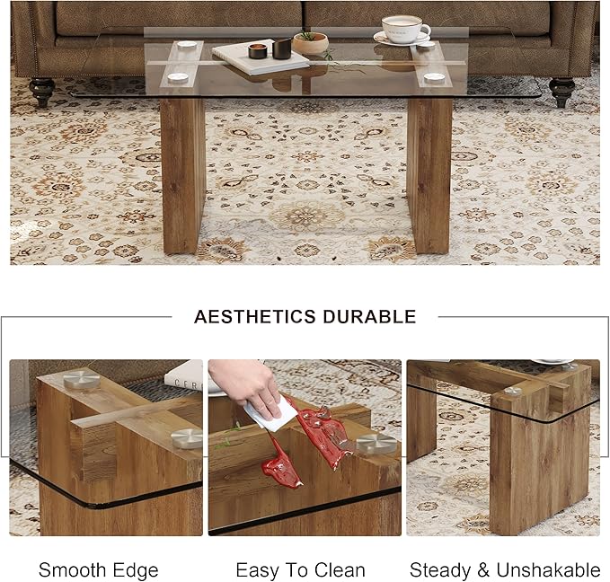 NicBex 43.3Inch Rectangular Dining Table,Modern Kitchen Table with Tempered Glass Tabletop and Wood MDF Legs for 4 to 6,Dining Room Table for Kitchen,Meeting Room and Living Room,Easy Clean,Wood - LeafyLoom