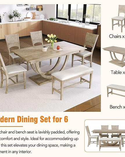 6-Piece Wood Rectangular Dining Table Set with Half Round Legs, 4 Upholstered Chairs and Bench, for Kitchen Living Room, Modern Style, Natural+Beige, 59.1" L x 35.4" W x 29.5" H - LeafyLoom