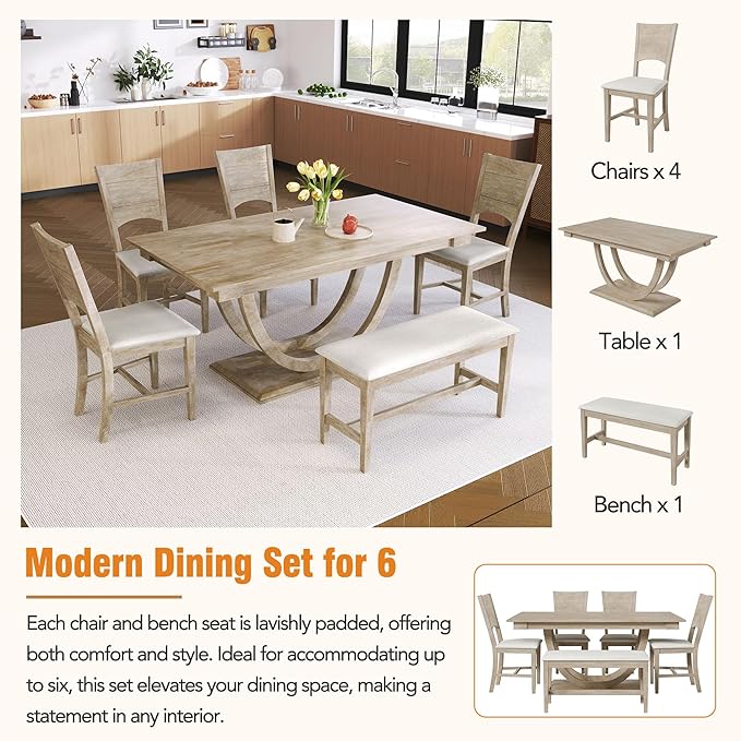 6-Piece Wood Rectangular Dining Table Set with Half Round Legs, 4 Upholstered Chairs and Bench, for Kitchen Living Room, Modern Style, Natural+Beige, 59.1" L x 35.4" W x 29.5" H - LeafyLoom