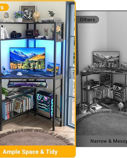 Cyclysio Small Corner Desk with Hutch, Corner Gaming Desk with LED Light & Power Outlets, Computer Desk with Keyboard Tray, Triangel Desk for Small Space, Home Office, Workstation, Grey - LeafyLoom