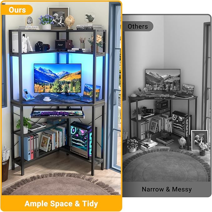 Cyclysio Small Corner Desk with Hutch, Corner Gaming Desk with LED Light & Power Outlets, Computer Desk with Keyboard Tray, Triangel Desk for Small Space, Home Office, Workstation, Grey - LeafyLoom
