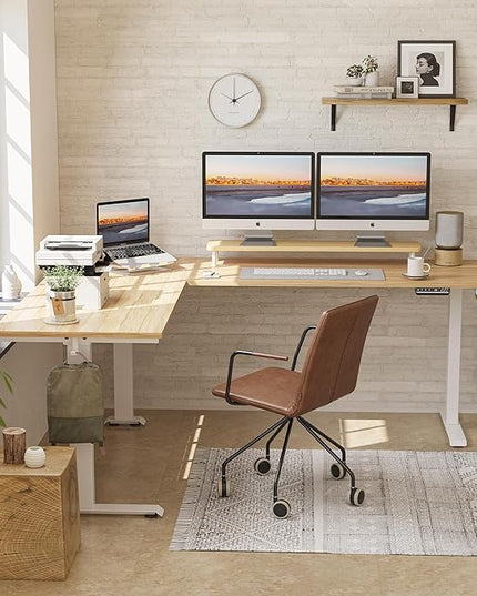 FEZIBO 75 Inches Triple Motor L Shaped Standing Desk Reversible, Electric Height Adjustable Corner Stand up Desk, Sit Stand Desk Computer Workstation, White Frame/Natural Top - LeafyLoom