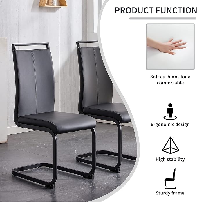 PU Faux Leather Dining Chairs Set of 2, Modern Dining Room Chair Kitchen Chairs with Upholstered Seat, Black Metal Legs and High Back, Sillas para Comedor, Black+PU - LeafyLoom