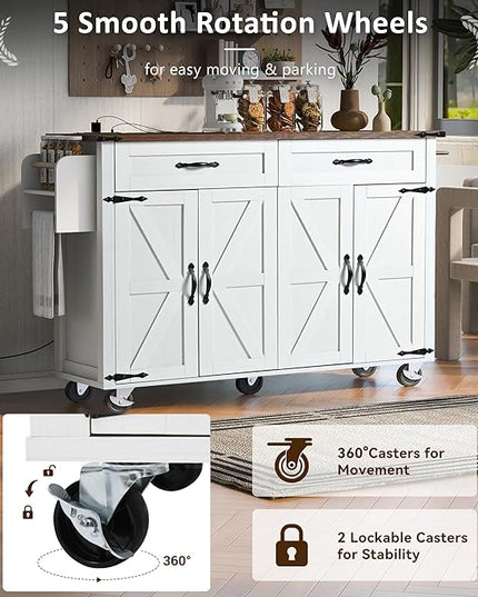 53.5'' Farmhouse Kitchen Cart with Power Outlet & Drop Leaf, Portable Mobile Table w/Spice, Towel Rack and Drawers, Rolling Islands on Wheels, for Home, Dining Room, 53.5 Inch, White 14 - LeafyLoom