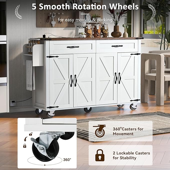 53.5'' Farmhouse Kitchen Cart with Power Outlet & Drop Leaf, Portable Mobile Table w/Spice, Towel Rack and Drawers, Rolling Islands on Wheels, for Home, Dining Room, 53.5 Inch, White 14 - LeafyLoom