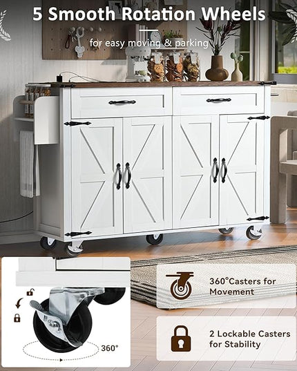 53.5'' Farmhouse Kitchen Island with Power Outlet, Kitchen Storage Island with Drop Leaf, Spice Rack and Drawer, Rolling Kitchen Cart on Wheels for Home, Kitchen and Dining Room, White - LeafyLoom