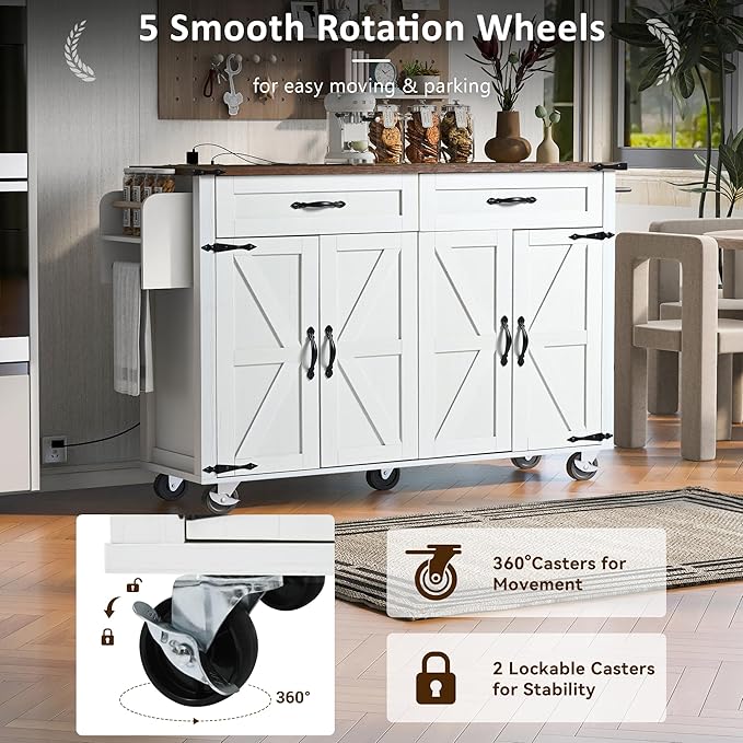 53.5'' Farmhouse Kitchen Island with Power Outlet, Kitchen Storage Island with Drop Leaf, Spice Rack and Drawer, Rolling Kitchen Cart on Wheels for Home, Kitchen and Dining Room, White - LeafyLoom