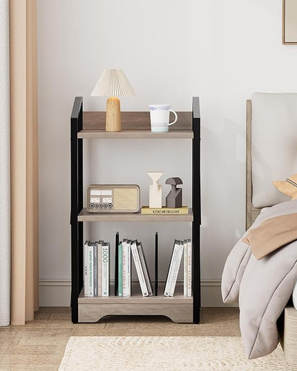 Vagusicc 3 Tier Bookshelf, Small Book Shelf Industrial Bookshelf, Wood Short Book Shelf Office Shelves with Metal Frame, Rustic Open Shelf Storage Organizer Bookcase for Living Room Bedroom, Greige - LeafyLoom
