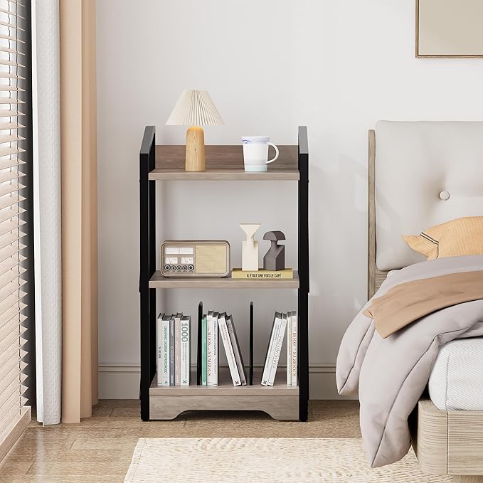Vagusicc 3 Tier Bookshelf, Small Book Shelf Industrial Bookshelf, Wood Short Book Shelf Office Shelves with Metal Frame, Rustic Open Shelf Storage Organizer Bookcase for Living Room Bedroom, Greige - LeafyLoom