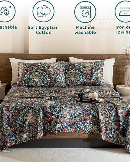 QSH Boho Sheets King Size - 100% Egyptian Cotton Bohemian Patterned Sheets Printed Bedding King Size Bed Sheets 17.5" Extra Deep Pocket 4pcs - LeafyLoom