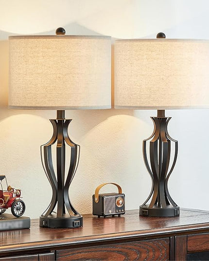 23.25'' Metal Table Lamp Set of 2 for Living Room, 3-Way Touch Control Black Iron Scroll Table Lamps with USB Ports and AC Outlets(Bulbs Included) - LeafyLoom