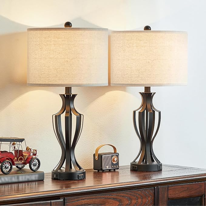 23.25'' Metal Table Lamp Set of 2 for Living Room, 3-Way Touch Control Black Iron Scroll Table Lamps with USB Ports and AC Outlets(Bulbs Included) - LeafyLoom