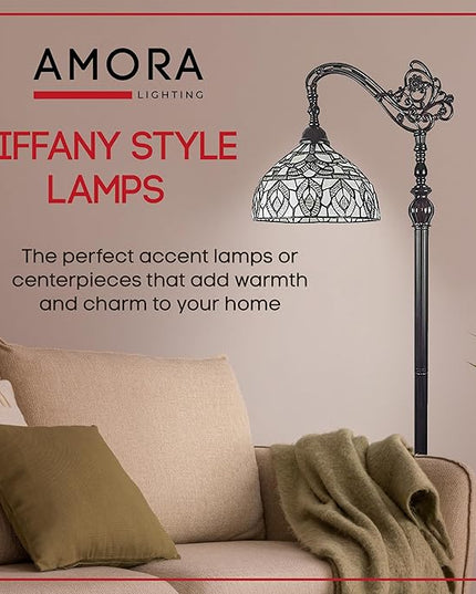 Amora Tiffany Floor Lamp - Arched, Stained Glass 62” with Foot Switch Operation and Adjustable Lamp Shade - Custom Handcrafted Floor Lamps for Living Room in White Mahogany Traditional Peacock - LeafyLoom
