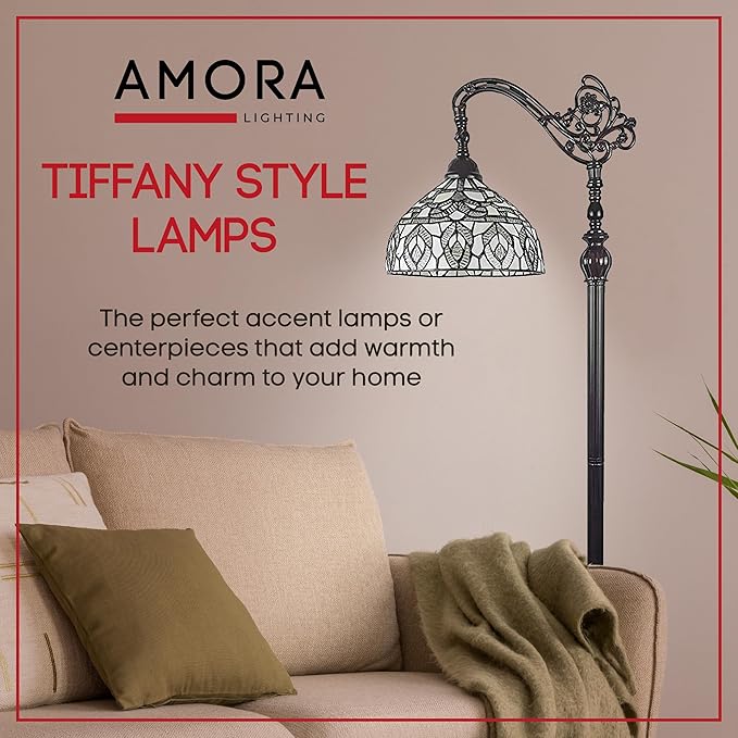 Amora Tiffany Floor Lamp - Arched, Stained Glass 62” with Foot Switch Operation and Adjustable Lamp Shade - Custom Handcrafted Floor Lamps for Living Room in White Mahogany Traditional Peacock - LeafyLoom