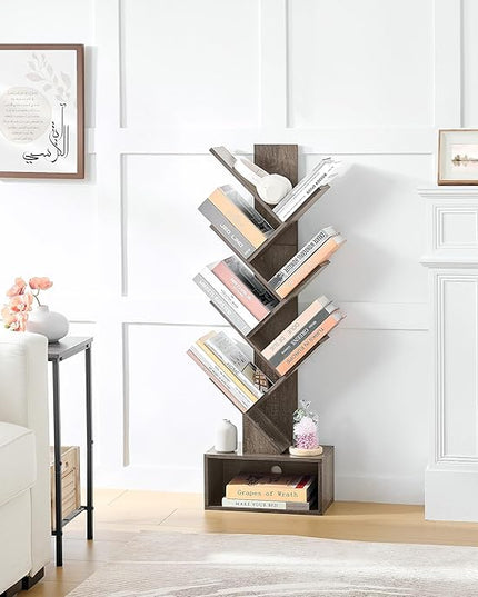 Hoctieon 6 Tier Tree Bookshelf, Tall Bookcase with Drawer, Freestanding Book shelf, Display Floor Standing Storage Shelf, Book Organizer Shelves for Home Office, Living Room, Bedroom, Grey - LeafyLoom