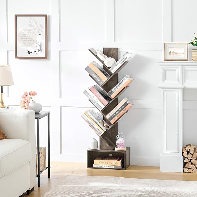 Hoctieon 6 Tier Tree Bookshelf, Tall Bookcase with Drawer, Freestanding Book shelf, Display Floor Standing Storage Shelf, Book Organizer Shelves for Home Office, Living Room, Bedroom, Grey - LeafyLoom