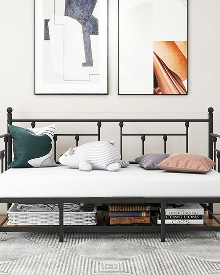 Twin Daybed with Trundle/Steel Slat Support/Space Saving Trundle Bed and Multi-Functional Furniture for Living Room and Guest Room, Black - LeafyLoom