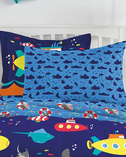 dream FACTORY Kids 5-Piece Complete Set Easy-Wash Super Soft Microfiber Comforter Bedding, Twin, Navy Submarine - LeafyLoom