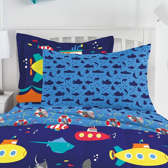 dream FACTORY Kids 5-Piece Complete Set Easy-Wash Super Soft Microfiber Comforter Bedding, Twin, Navy Submarine - LeafyLoom