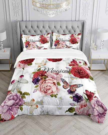 Butterfly Comforter Set for Girls Kids Adults Watercolor Butterfly Rose Bedding Set Aesthetics Butterflies Quilt Duvet Set Full Size with 1 Comforter and 2 Pillowcases - LeafyLoom