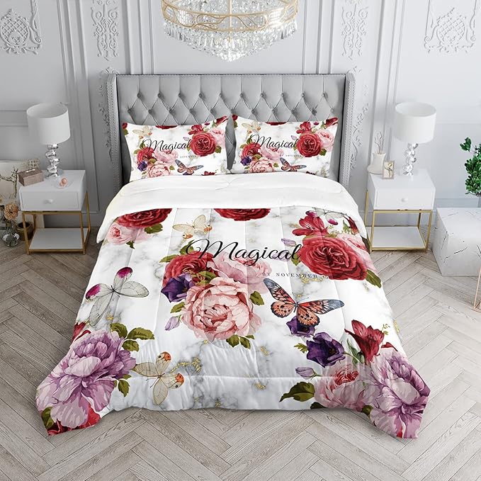 Butterfly Comforter Set for Girls Kids Adults Watercolor Butterfly Rose Bedding Set Aesthetics Butterflies Quilt Duvet Set Full Size with 1 Comforter and 2 Pillowcases - LeafyLoom