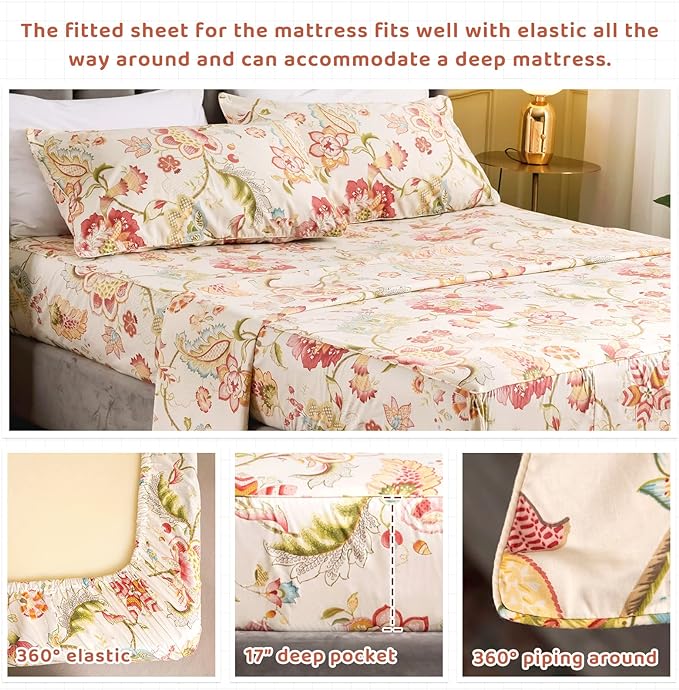 QSH Floral Bed Sheets Set - Queen Size Boho Lotus Print Bed Sheet Set - Extra Soft and Breathable 100% Egyptian Cotton - Farmhouse Bedding - 4 pcs Deep Pockets Flower Bed Sheets - LeafyLoom