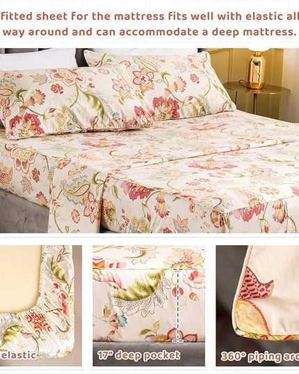 QSH Floral King Size Sheet Sets - Lotus Botanical Print Printed Bedding 100% Egyptian Cotton Sheets for King Size Bed Sheets with Deep Pockets Extra Soft and Breathable 4pcs - LeafyLoom