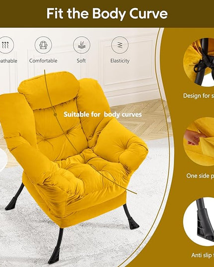 Fabric Lazy Chair Large Accent Chair,Velvet Frabic Modern Lounge Reading Chair with Armrests & Side Pocket,Upholstered Armchair for Living Room,Bedroom,Dorm,Yellow - LeafyLoom