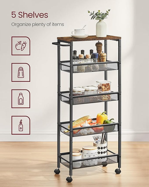 VASAGLE Slim Rolling Cart, 5-Tier Storage Cart, Narrow Cart with Handle, 8.7 Inches Deep, Metal Frame, for Kitchen, Dining Room, Living Room, Home Office, Rustic Brown and Black ULRC035B01 - LeafyLoom