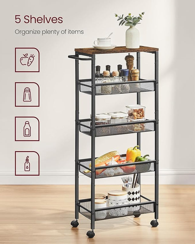 VASAGLE Slim Rolling Cart, 5-Tier Storage Cart, Narrow Cart with Handle, 8.7 Inches Deep, Metal Frame, for Kitchen, Dining Room, Living Room, Home Office, Rustic Brown and Black ULRC035B01 - LeafyLoom