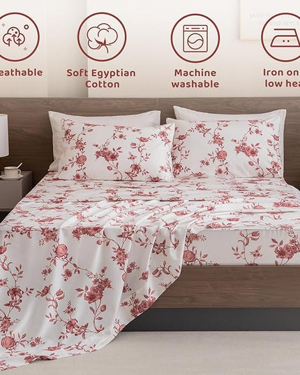 QSH Floral Queen Size Sheet Sets - 100% Egyptian Cotton Sheets Elegant Red Roses Flower Pattern Printed Bedding Sheets Queen Size Bed Extra Soft and Breathable 4pcs Deep Pockets Bed Sheets - LeafyLoom