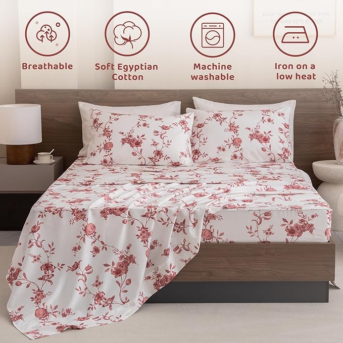 QSH Floral Queen Size Sheet Sets - 100% Egyptian Cotton Sheets Elegant Red Roses Flower Pattern Printed Bedding Sheets Queen Size Bed Extra Soft and Breathable 4pcs Deep Pockets Bed Sheets - LeafyLoom