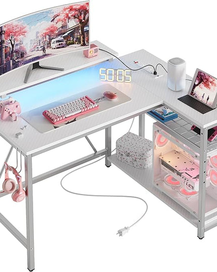 Bestier Small Gaming Desk with Power Outlets,42 L Shaped LED Computer Desk with Reversible Shelves,Corner Gamer Desk with Hooks USB Charging Port,Carbon Fiber White - LeafyLoom