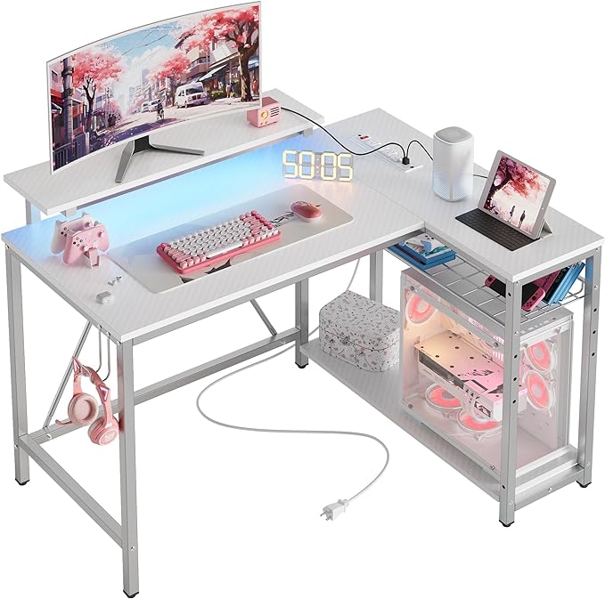 Bestier Small Gaming Desk with Power Outlets,42 L Shaped LED Computer Desk with Reversible Shelves,Corner Gamer Desk with Hooks USB Charging Port,Carbon Fiber White - LeafyLoom