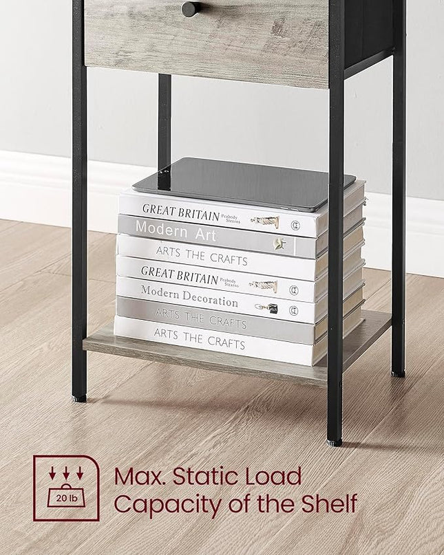 VASAGLE Nightstands, Set of 2, Side Table with Fabric Drawer, 24-Inch Tall End Table with Storage Shelf, Bedroom, Greige and Black ULGS221B02 - LeafyLoom