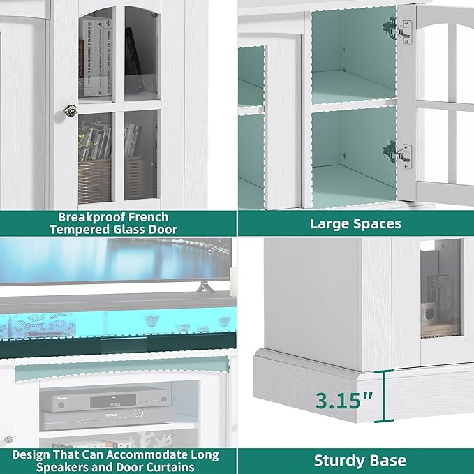 YITAHOME LED Farmhouse TV Stand for TV up to 65 Inch w/Outlets, Highboy Media Entertainment Center Console Table Adjustable Storage Shelves &Cabinet Glass Door for 400lbs for Living Room, White - LeafyLoom