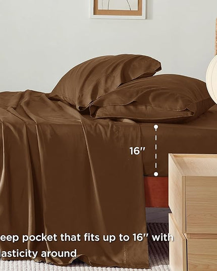 Bedsure King Size Sheet Set, Cooling Sheets King, Rayon Derived from Bamboo, Deep Pocket Up to 16", Breathable & Soft Bed Sheets, Hotel Luxury Silky Bedding Sheets & Pillowcases, Brown - LeafyLoom