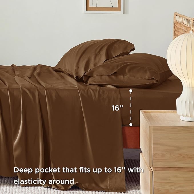 Bedsure King Size Sheet Set, Cooling Sheets King, Rayon Derived from Bamboo, Deep Pocket Up to 16", Breathable & Soft Bed Sheets, Hotel Luxury Silky Bedding Sheets & Pillowcases, Brown - LeafyLoom