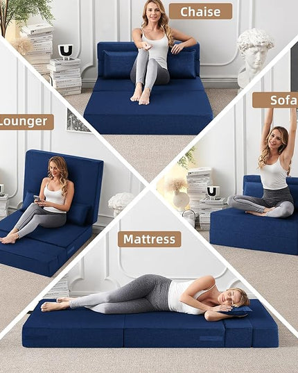 Convertible Folding Sofa Bed - Sleeper Chair with Pillow, Modern Linen Fabric Floor & Futon Couch, Foldable Mattress for Living Room/Dorm/Guest/Home Office/Apartment,Standard Size, Navy Blue - LeafyLoom