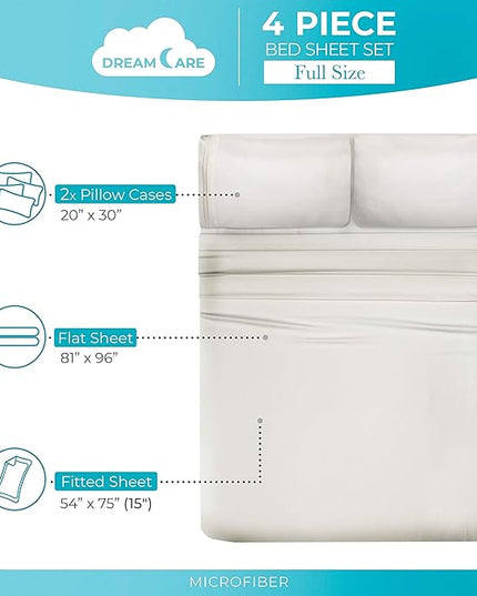 DREAMCARE Full Size Sheets - Cooling Bed Sheets - 4pcs Set - up to 15" Deep Pocket Full Sheet Set - Sheets Full Size Bed - Soft & Long Lasting 100% Fine Brushed Polyester with Side Pocket - Ivory - LeafyLoom