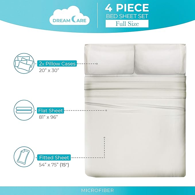 DREAMCARE Full Size Sheets - Cooling Bed Sheets - 4pcs Set - up to 15" Deep Pocket Full Sheet Set - Sheets Full Size Bed - Soft & Long Lasting 100% Fine Brushed Polyester with Side Pocket - Ivory - LeafyLoom
