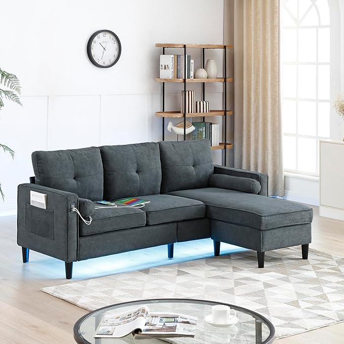 3 Seater L Shaped Convertible Sectional Sofa Couch with Reversible Chaise , Linen Upholstered Corner Sleeper Lounge Sofá with 2 USB Ports and LED Lights ,Storage for Small Space Living Room Apartment - LeafyLoom