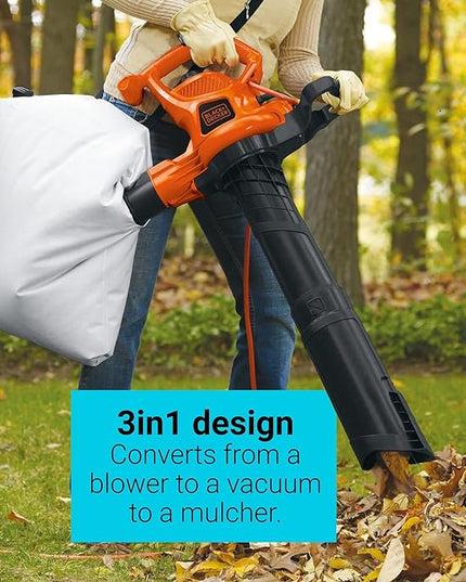 BLACK+DECKER 3-in-1 Leaf Blower, Leaf Vacuum and Mulcher, Up to 230 MPH, 12 Amp, Corded Electric (BV3600) - LeafyLoom
