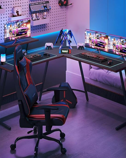 L Shaped Gaming Desk, 51 Inch Computer Corner Table with Large Monitor Stand & Carbon Fiber Surface for Home Office Study Writing Workstation, Black - LeafyLoom