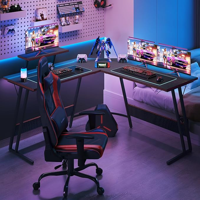 L Shaped Gaming Desk, 51 Inch Computer Corner Table with Large Monitor Stand & Carbon Fiber Surface for Home Office Study Writing Workstation, Black - LeafyLoom