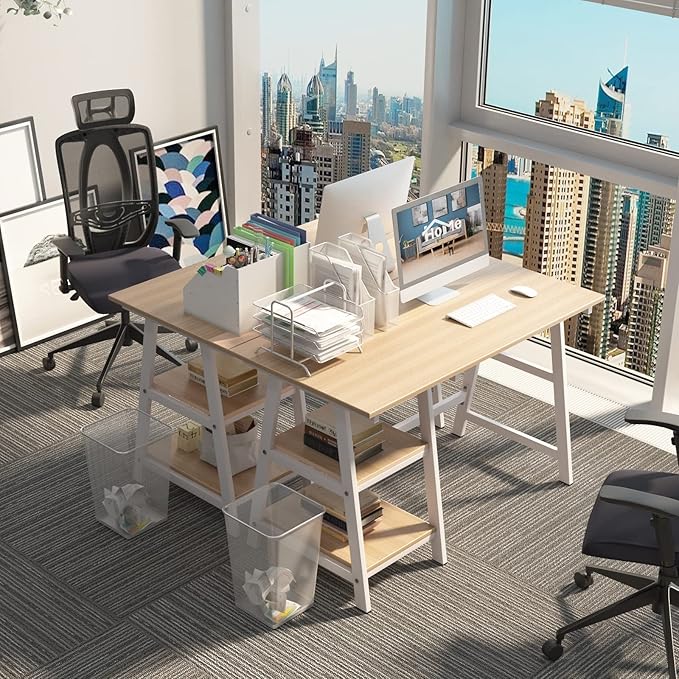SogesHome Computer Desk 47inches Trestle Desk PC Desk with Shelf Office Desk Workstation for Home Office Use Writing Table,Maple - LeafyLoom