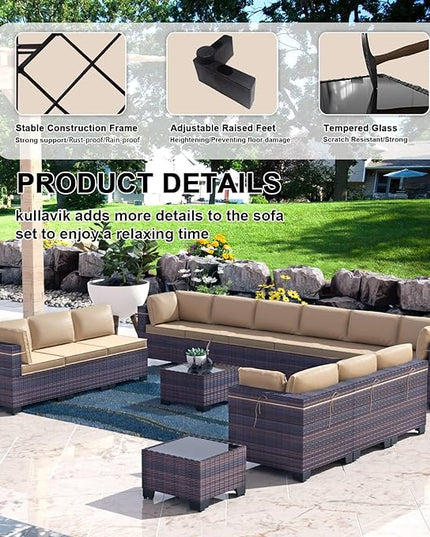 Kullavik 14PCS Outdoor Patio Furniture Set PE Wicker Rattan Sectional Sofa Patio Conversation Sets,Sand - LeafyLoom